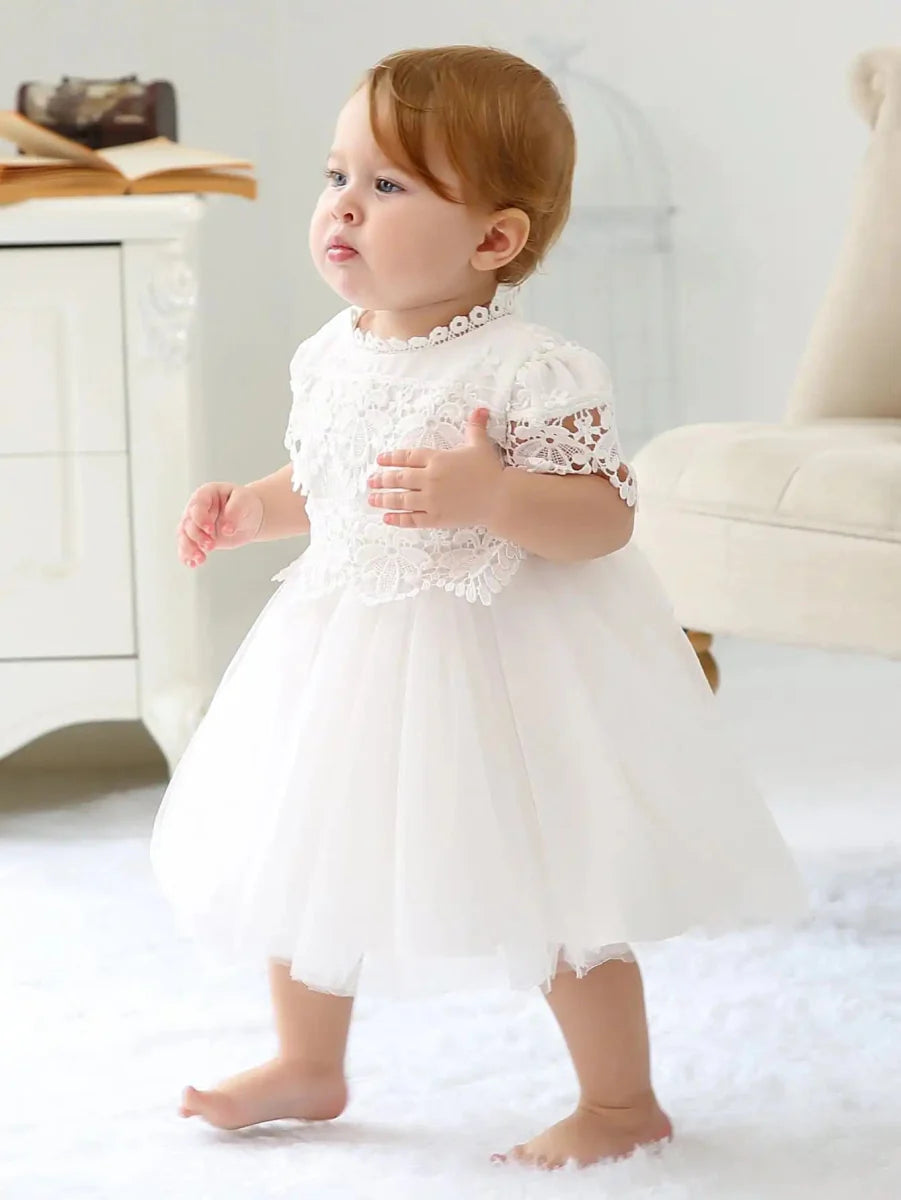 Baby girl lace christening gown by SHOWLU FASHION STORE, short sleeve birthday dress, perfect for special occasions and christenings.