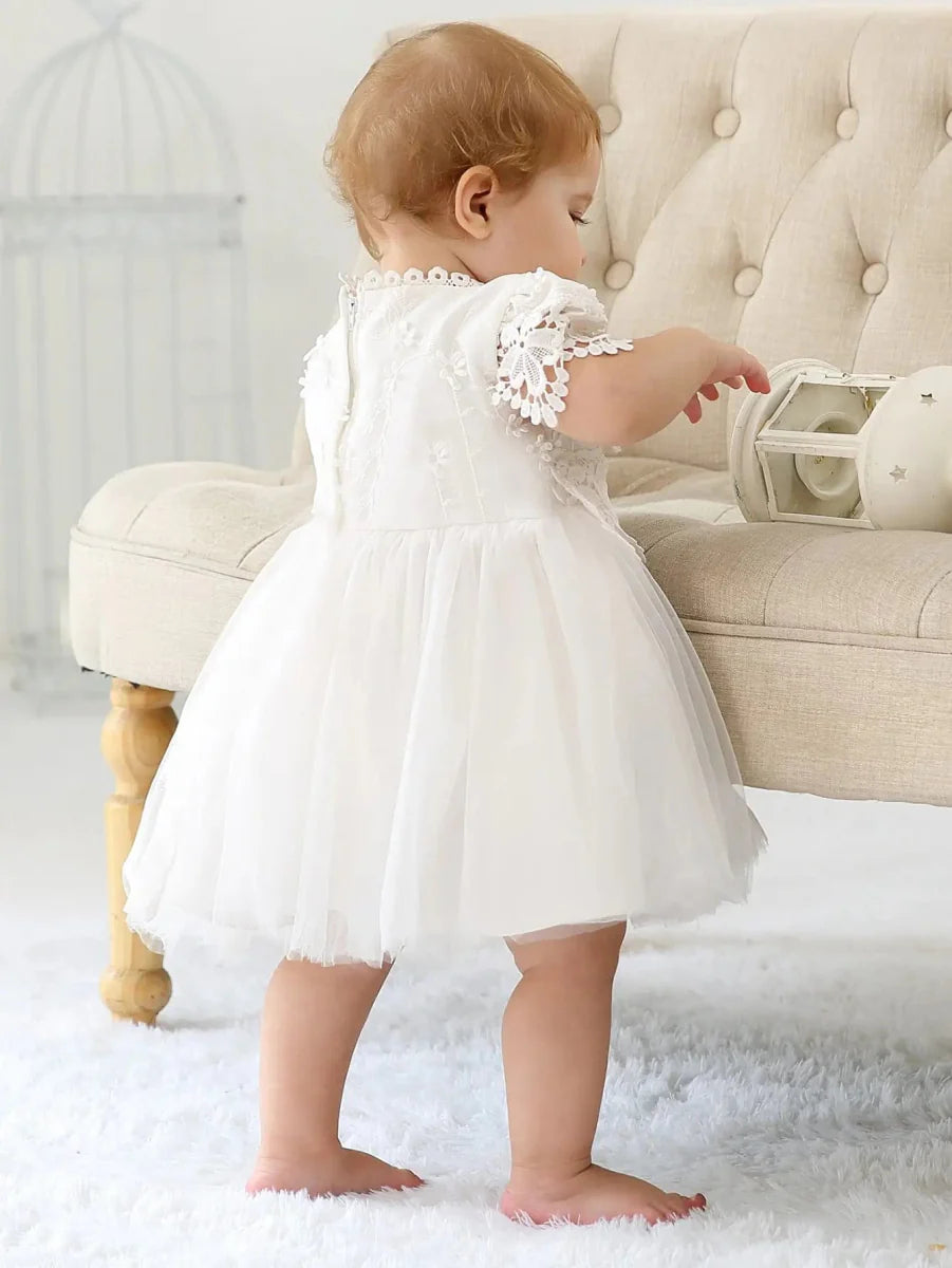 Baby girl lace christening gown with short sleeves, designed for birthdays and special occasions, by SHOWLU FASHION STORE.