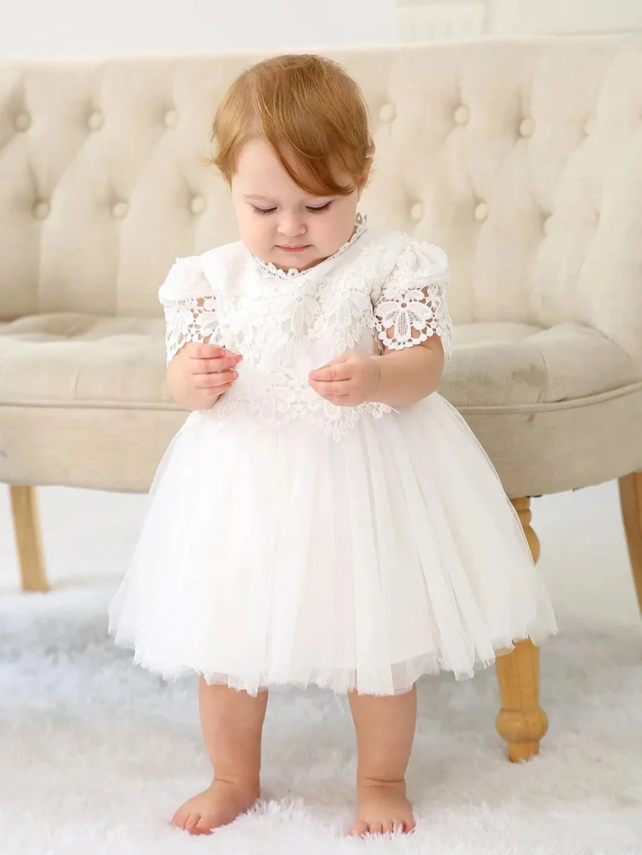 Baby girl lace christening gown with short sleeves, perfect for birthdays and special occasions, by SHOWLU FASHION STORE.