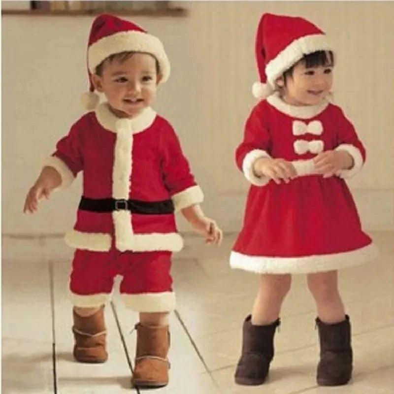 Unisex Baby Santa Claus cosplay costume with red and white dress for toddlers, featuring Santa hat and festive holiday design.