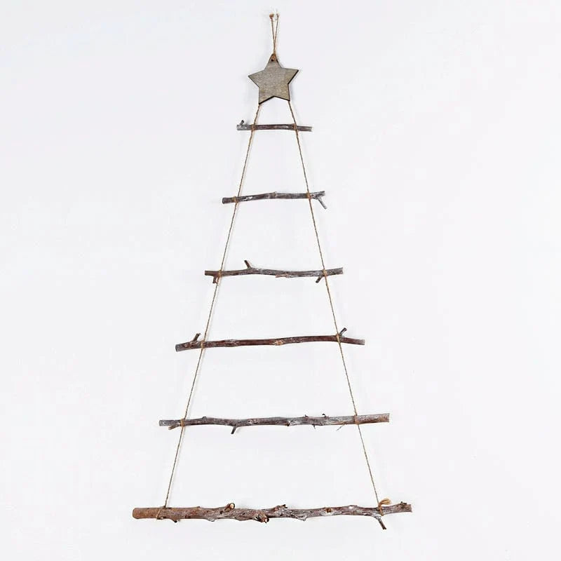 Handmade wooden ladder Christmas tree ornament with DIY decoration, displayed in a holiday scene with natural wooden finish.