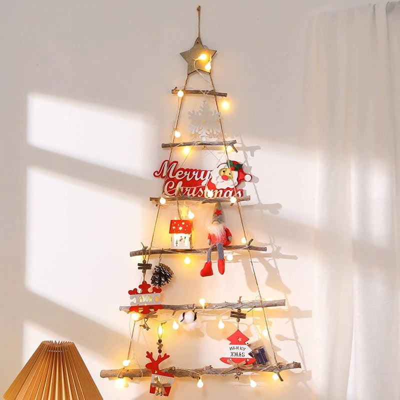 Handmade wooden ladder Christmas tree DIY ornament with holiday decorations, showcasing a festive holiday scene.
