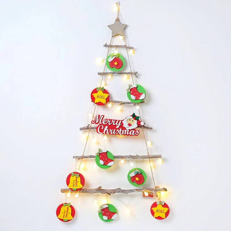 Showlu Fashion Store DIY wooden ladder Christmas tree ornament with handmade wooden decorations, displayed in a holiday scene.