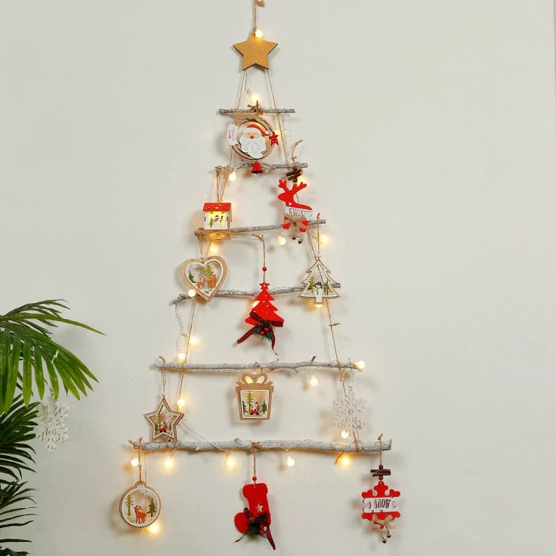 Handmade wooden ladder Christmas tree ornament with DIY holiday decorations, displayed in a festive scene with natural wooden finish.