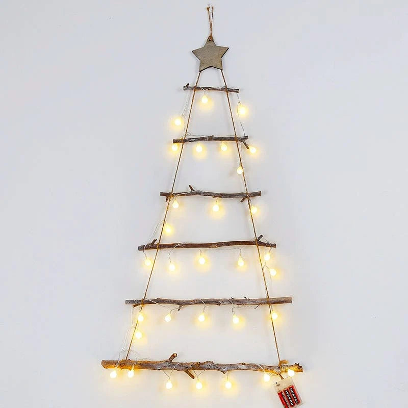 Handmade wooden ladder Christmas tree ornament with holiday decorations, shown in a festive display scene.