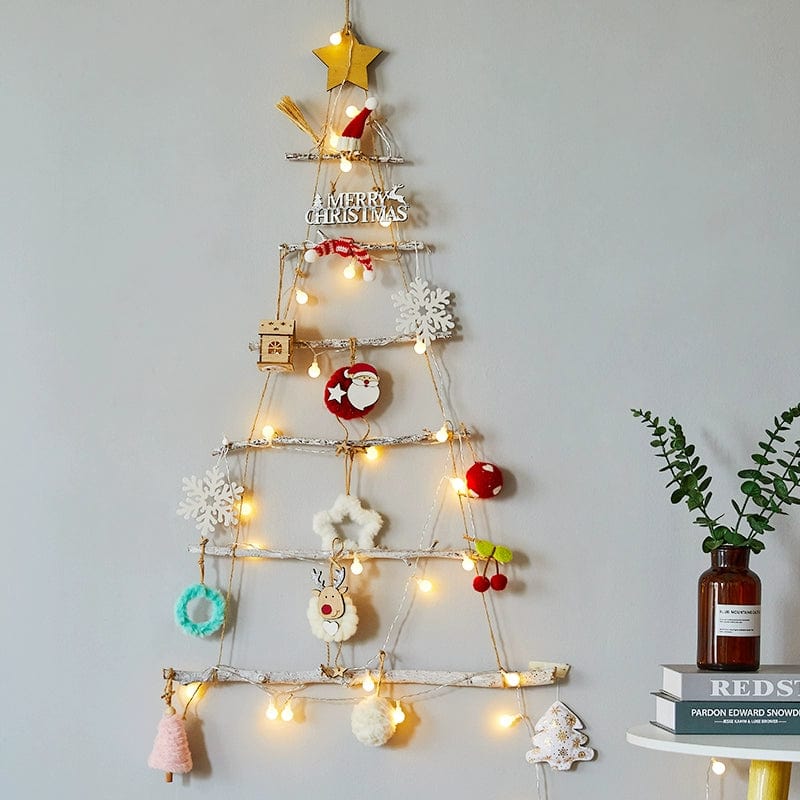Handmade wooden ladder Christmas tree DIY ornament with holiday decorations, displayed in a festive scene.
