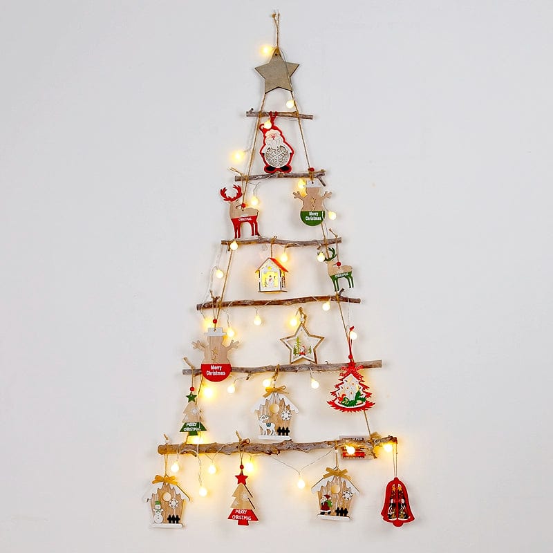 Handmade wooden ladder Christmas tree ornament from Showlu Fashion Store, with DIY holiday decorations and festive display scene.
