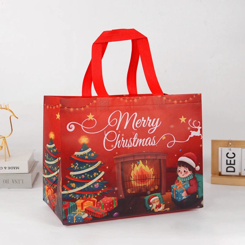 Non-woven Christmas gift bag featuring Santa Claus and snowman design, perfect for holiday candy packaging and festive gift wrapping.