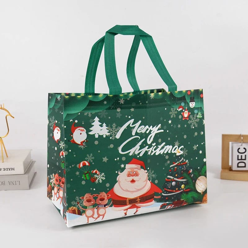 ZQNYCY Christmas gift bag featuring Santa Claus and snowman design, non-woven candy packaging bag for holiday gifts and decor.