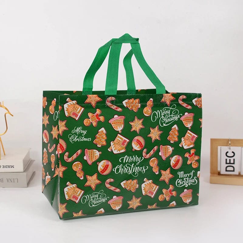 Non-woven Christmas gift bag featuring Santa Claus and snowman candy packaging, ideal for holiday gift wrapping and decor.