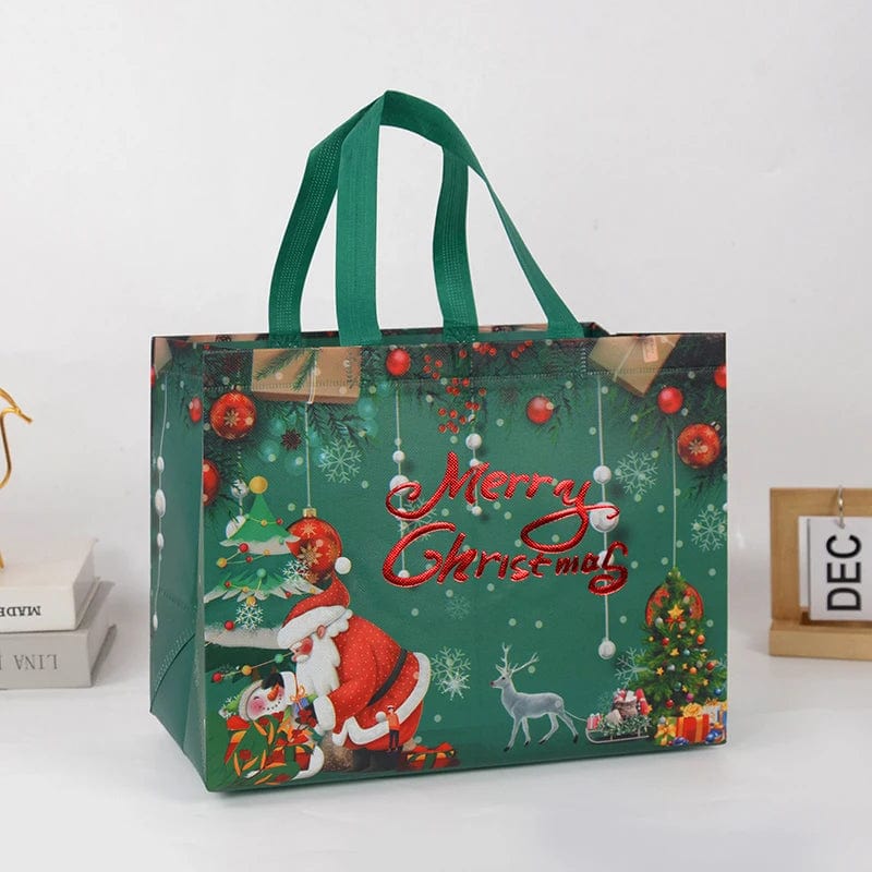 Non-woven Santa Claus Christmas gift bag with snowman and candy design, perfect for holiday gift packaging and festive decor.
