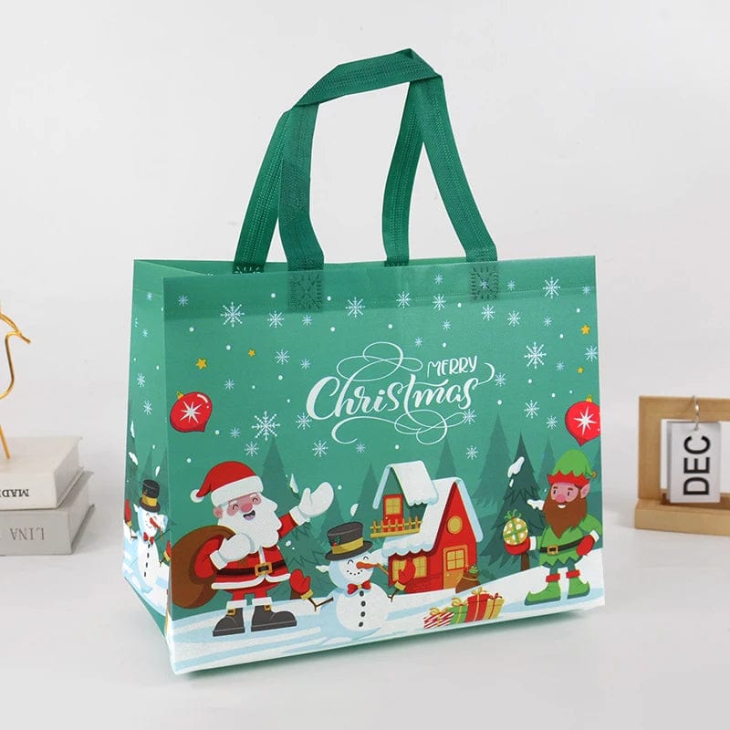 Non-woven Christmas gift bag featuring Santa Claus and snowman design, perfect for holiday candy packaging and festive gift wrapping.