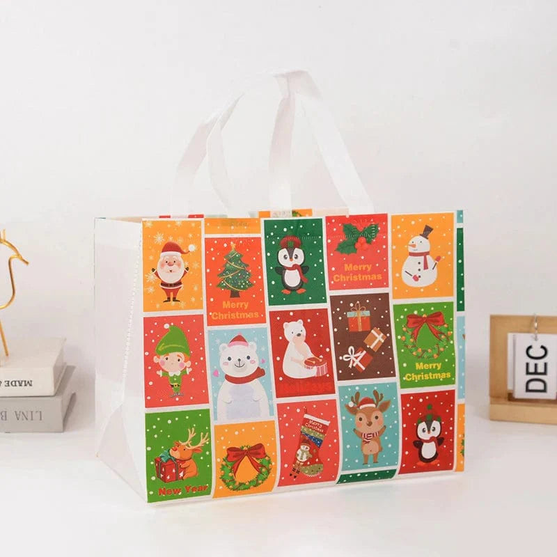 Non-woven Christmas gift bag featuring Santa Claus and snowman design, ideal for holiday candy packaging and festive decor.