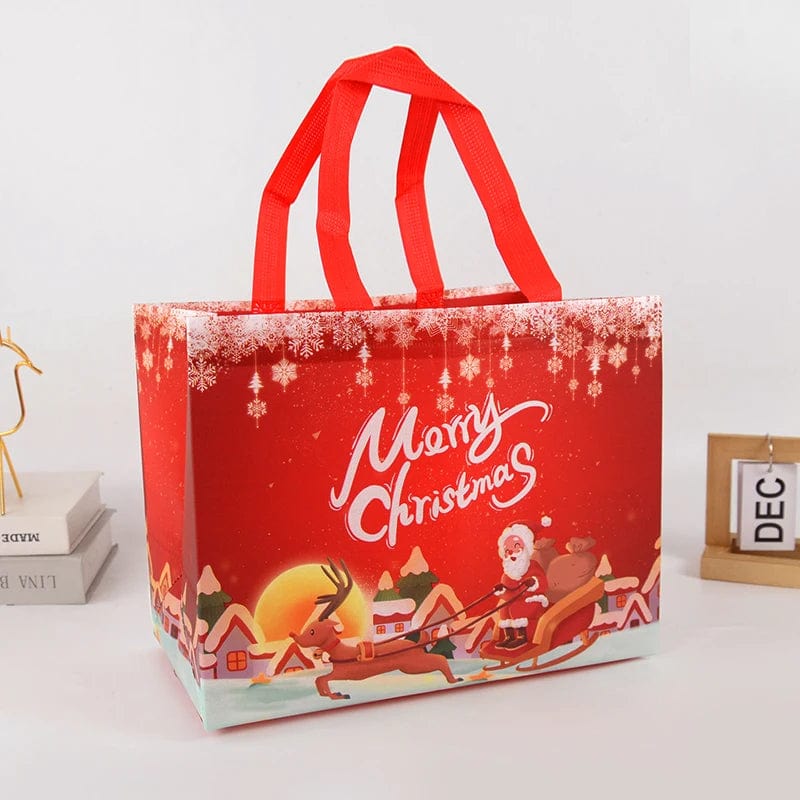 Non-woven Christmas gift bag featuring Santa Claus and snowman design, ideal for holiday candy packaging and festive gift wrapping