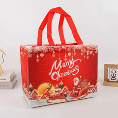 A red non-woven Christmas gift bag featuring a festive scene with Santa Claus in a sleigh.