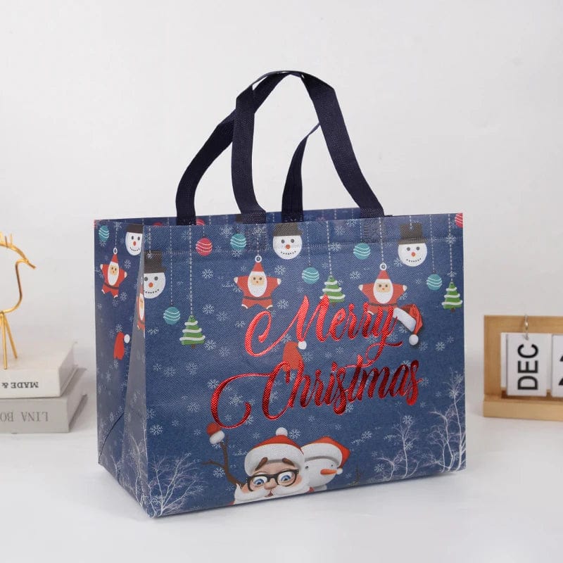 ZQNYCY Christmas gift bag featuring Santa Claus and snowman design, non-woven candy packaging bag for holiday party and home décor.