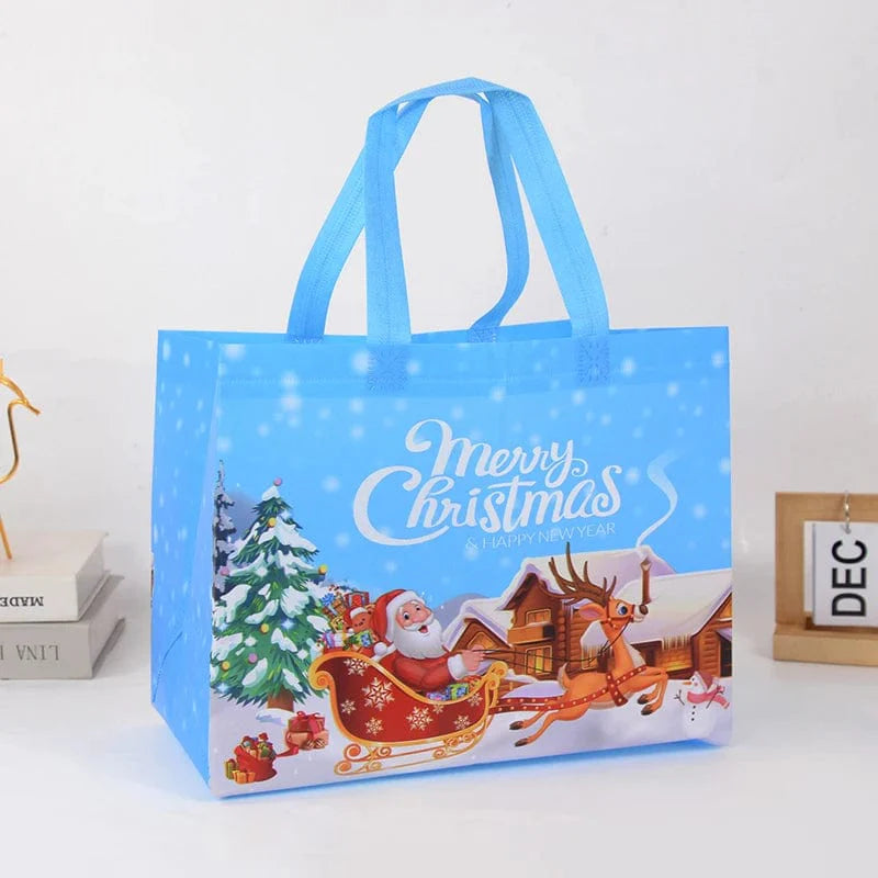 ZQNYCY Christmas gift bag featuring Santa Claus and snowman design, non-woven candy packaging bag for holiday gift wrapping.