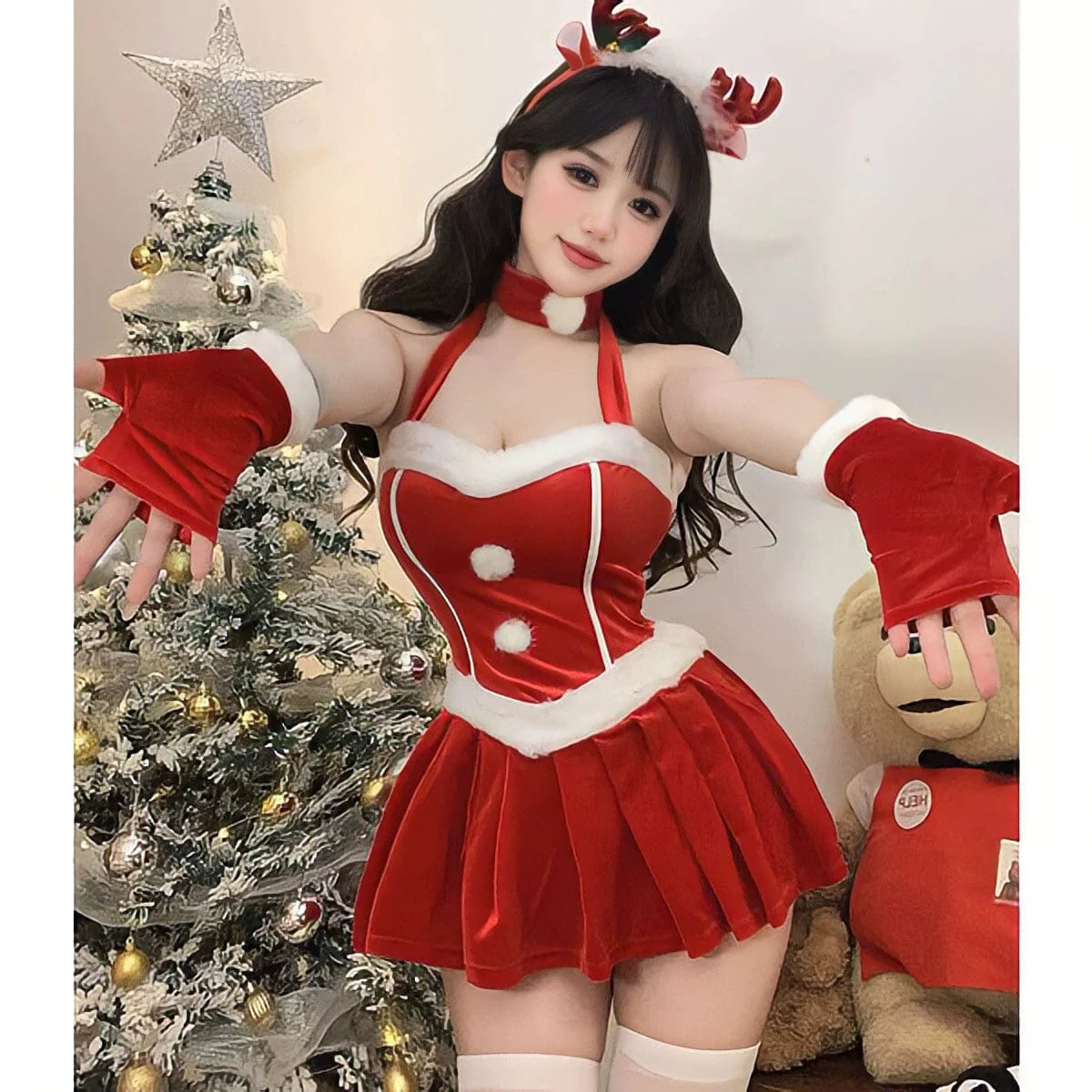 Showlu Fashion women's Christmas red robe dress featuring a festive elk battle design, perfect for holiday celebrations.