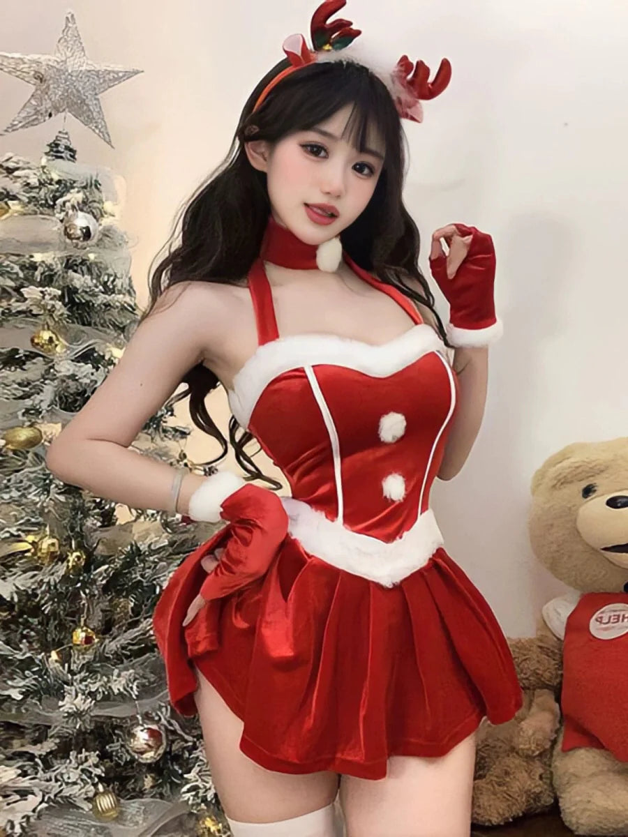 Showlu Fashion women's red Christmas dress featuring a festive elk battle design and holiday-themed uniform style.