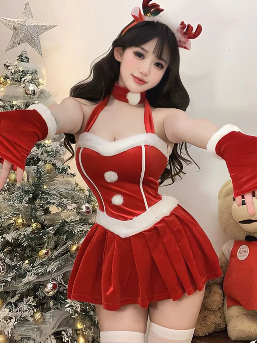 Showlu Fashion women's Christmas red elk battle robe dress with festive holiday design and long sleeves.