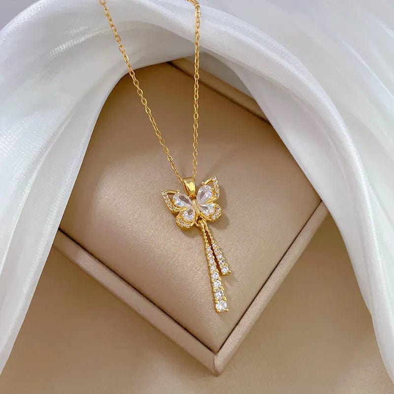 Showlu white tassel butterfly necklace with stainless steel chain, featuring a charming, romantic design with micro-inlaid details.