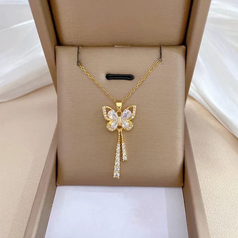Showlu white tassel butterfly necklace with stainless steel chain, featuring delicate micro-inlaid design and versatile jewelry style