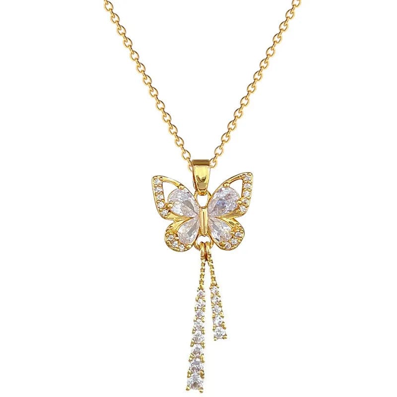 Showlu White Tassel Butterfly Necklace with stainless steel chain, featuring a charming white tassel and butterfly pendant.