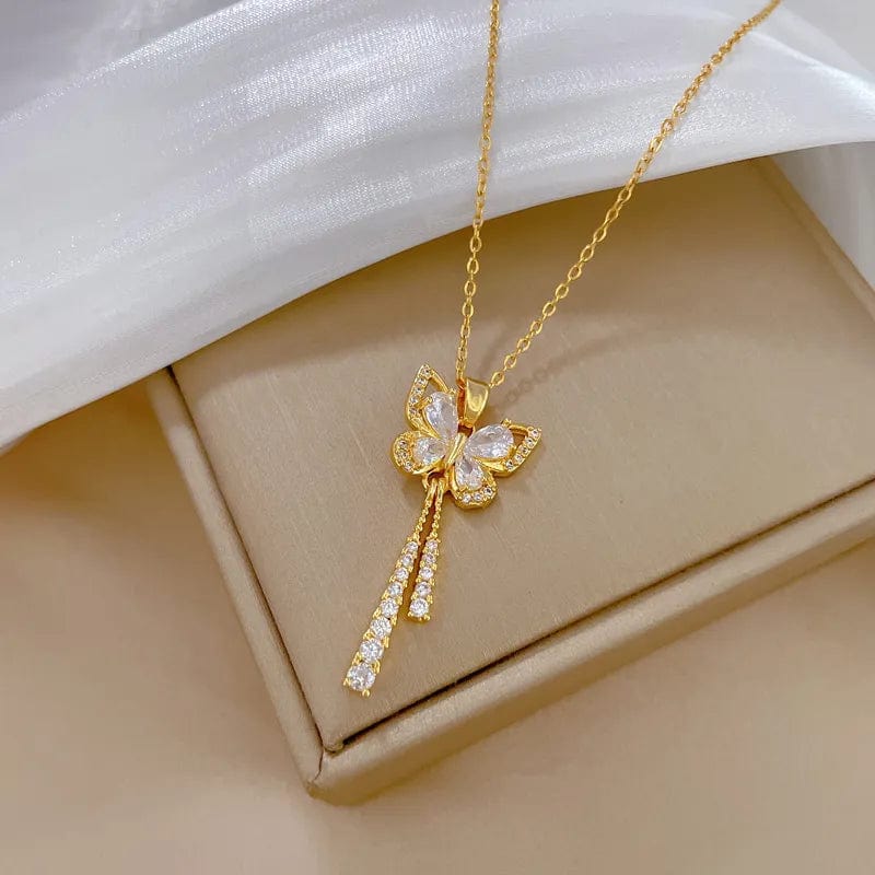 Showlu White Tassel Butterfly Necklace with stainless steel chain, featuring a charming white tassel and butterfly pendant.
