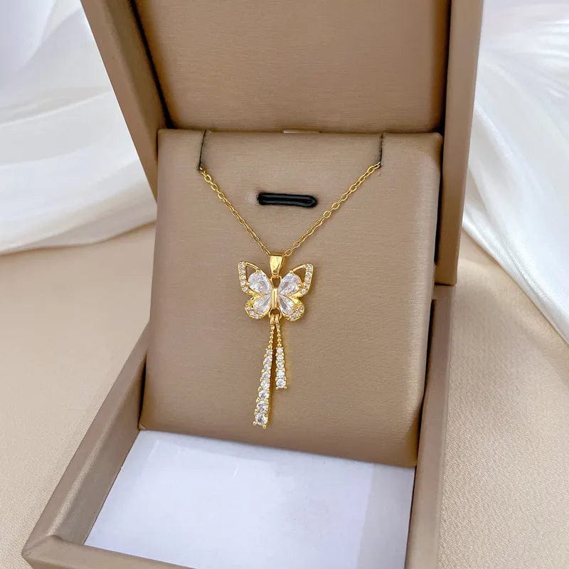 Showlu white tassel butterfly necklace with stainless steel chain, featuring a charming, romantic design and versatile jewelry style.