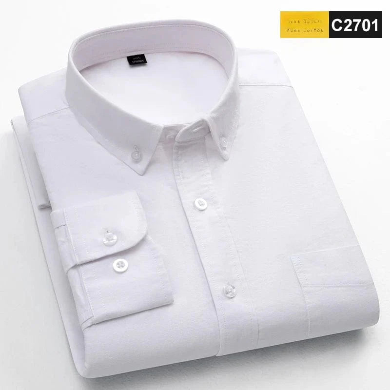 Men's slim fit Oxford cotton casual shirt with long sleeves, solid color, single pocket, suitable for office and everyday wear.