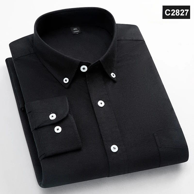 Men's slim fit Oxford cotton casual shirt with long sleeves, solid color, single pocket, suitable for office and everyday wear.