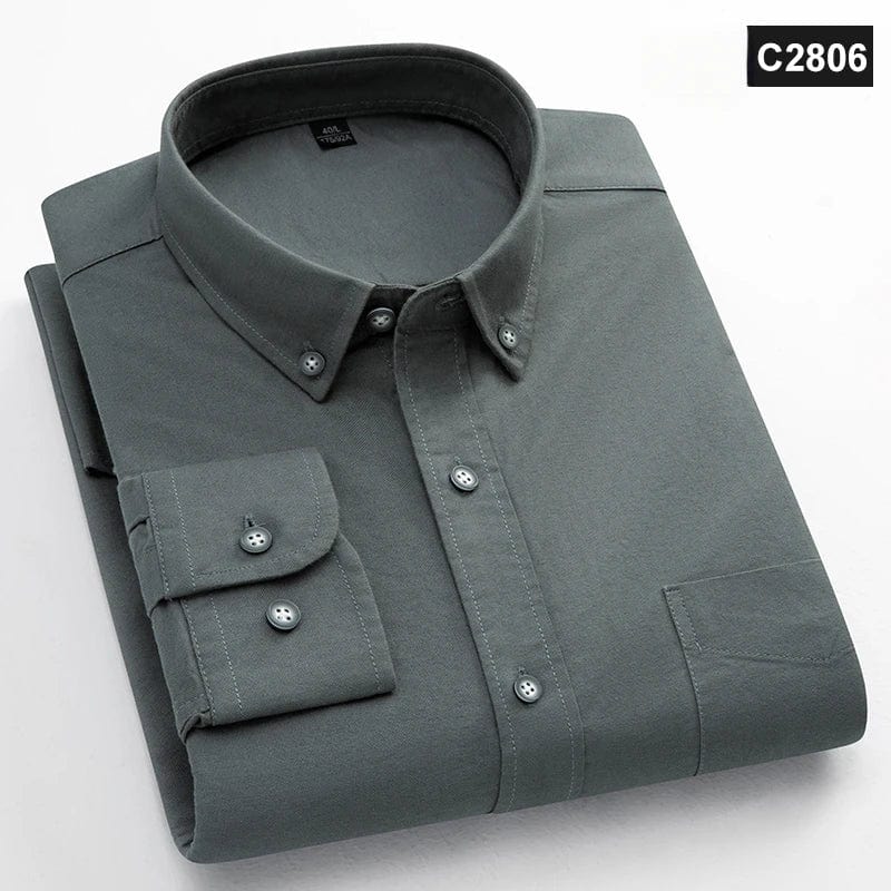 Men's slim fit Oxford cotton casual shirt with long sleeves, solid color, single chest pocket, ideal for office and everyday wear