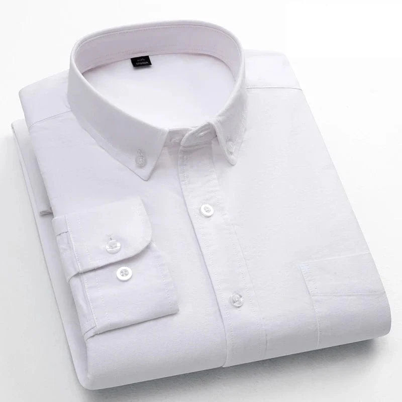 Men's slim-fit Oxford cotton casual shirt with long sleeves, solid color, single pocket, suitable for office or casual wear.
