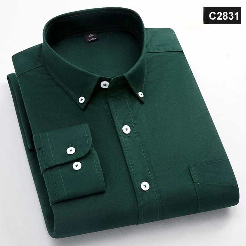 Men's slim fit Oxford cotton long-sleeve casual shirt with single pocket, solid color, ideal for office and casual wear.
