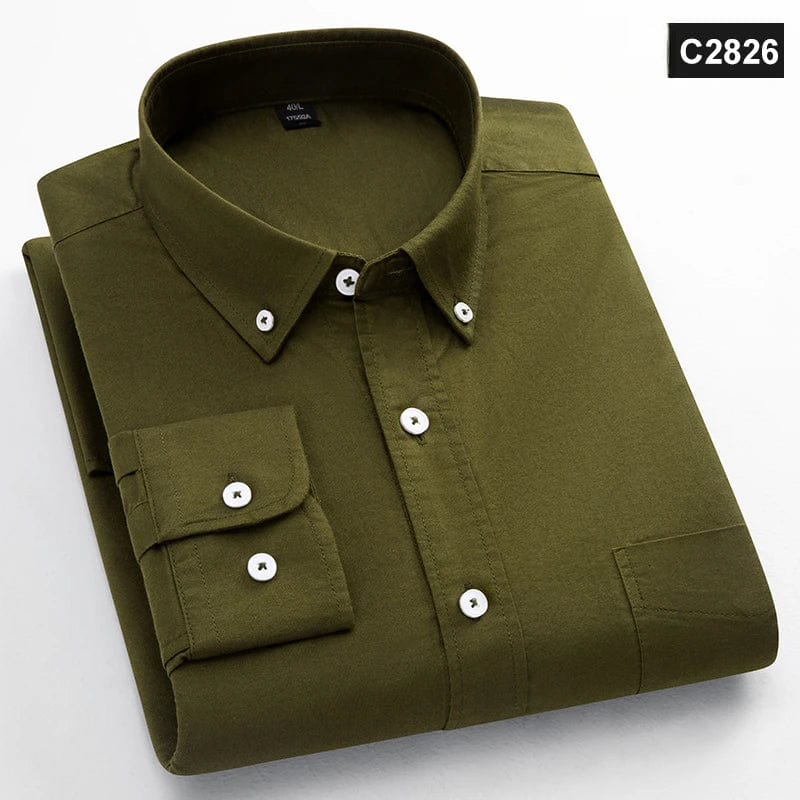 Men's slim fit Oxford cotton casual shirt with long sleeves, solid color, single chest pocket, ideal for office or everyday wear.