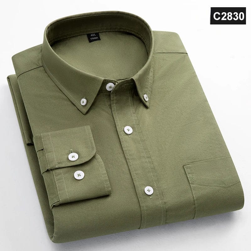 Men's slim fit Oxford cotton casual shirt with long sleeves, solid color, single pocket, perfect for office or casual wear.