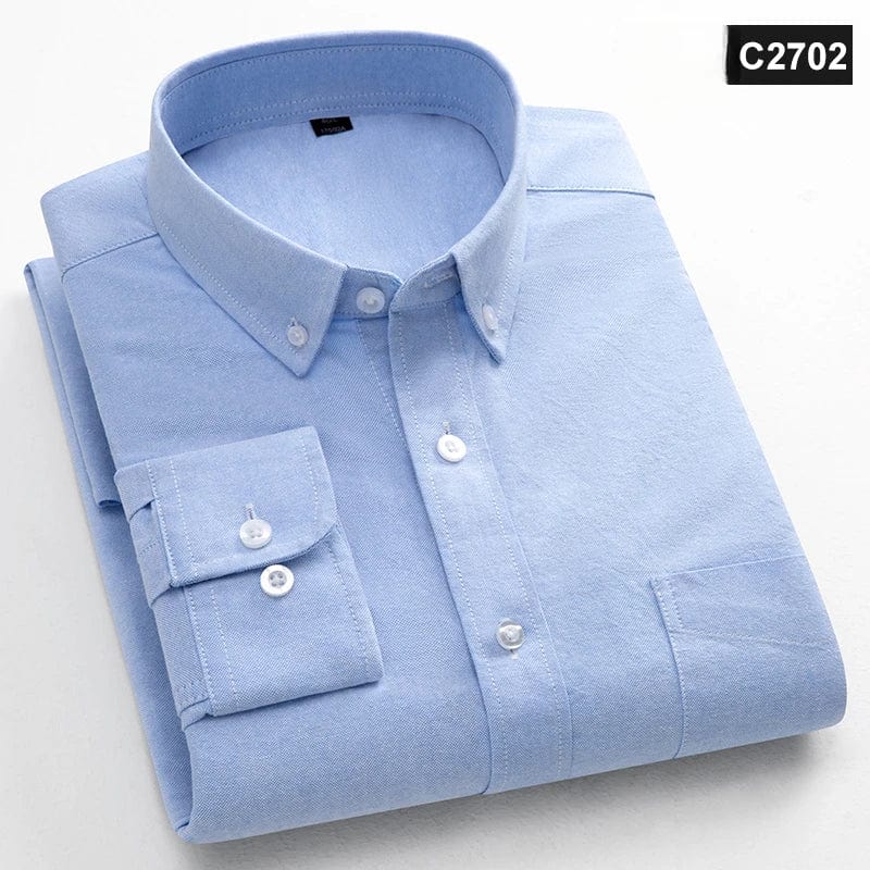 Men's slim fit Oxford cotton casual shirt with long sleeves, solid color, single pocket, suitable for office or everyday wear.