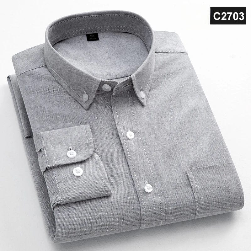 Men's slim fit Oxford cotton casual shirt with long sleeves, solid color, single pocket, suitable for office and everyday wear.
