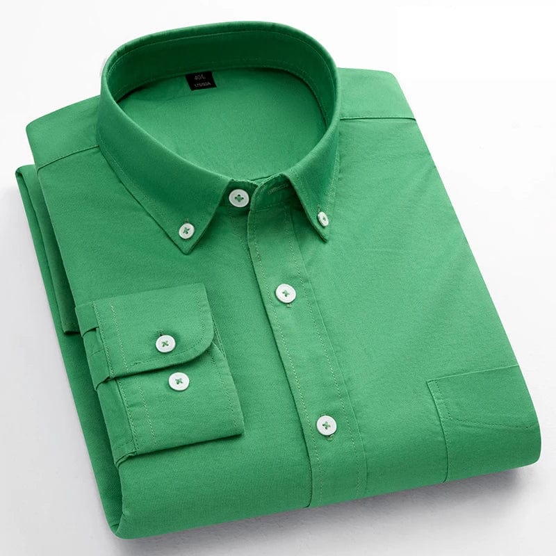 Men's slim fit Oxford cotton long-sleeve casual shirt with single pocket in solid color, ideal for office and everyday wear.