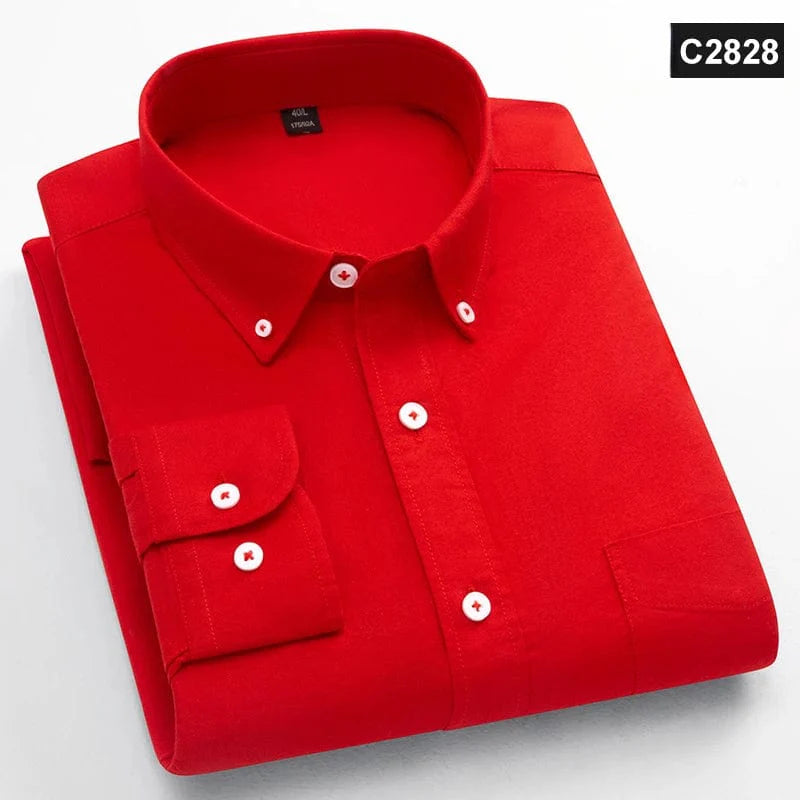 Men's slim fit Oxford cotton long-sleeve casual shirt with single pocket, solid color, and classic style.