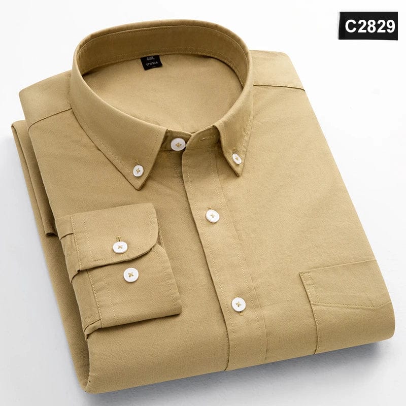 Men's slim fit Oxford cotton casual shirt with long sleeves, solid color, single chest pocket, ideal for office or relaxed wear.