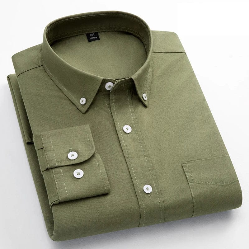 Men's slim fit Oxford cotton casual shirt with long sleeves, solid color, single pocket, suitable for office wear.
