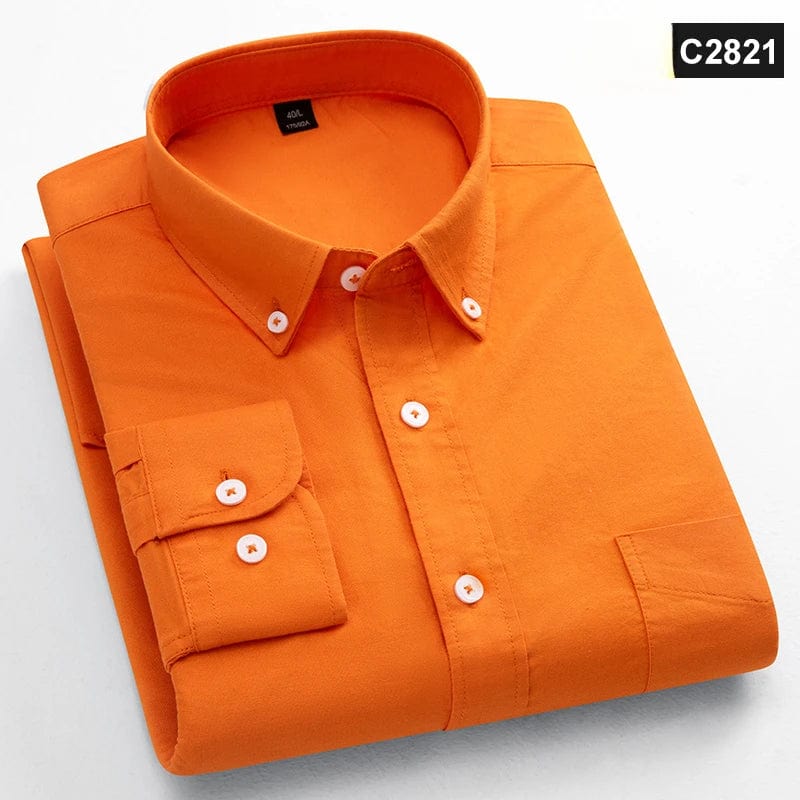 Men's slim fit Oxford cotton long-sleeve casual shirt with single pocket, solid color, suitable for office or casual wear.