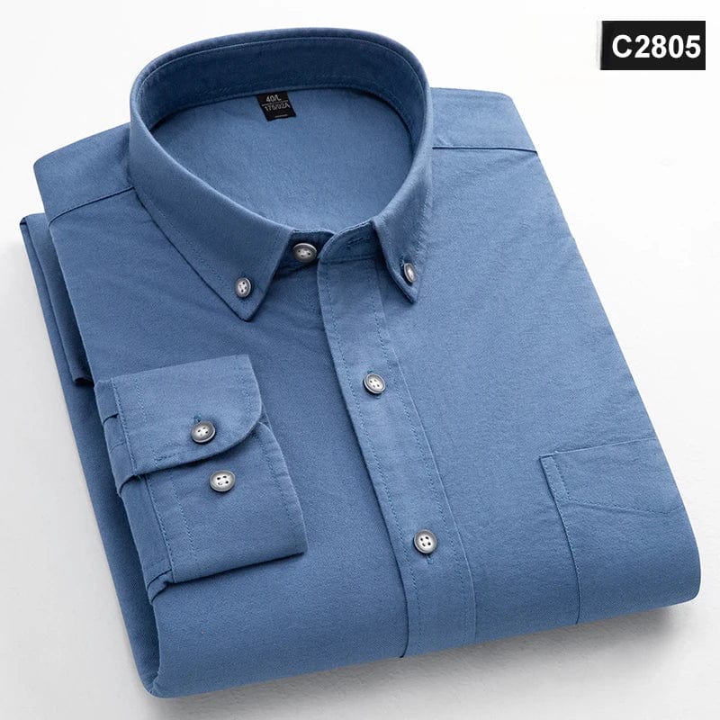 Men's slim fit Oxford cotton casual shirt with long sleeves, solid color, single pocket, suitable for office or casual wear.