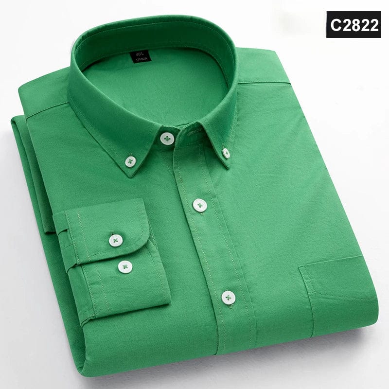 Men's slim fit Oxford cotton long-sleeve casual shirt with single pocket, solid color, soft fabric, ideal for office or casual wear.