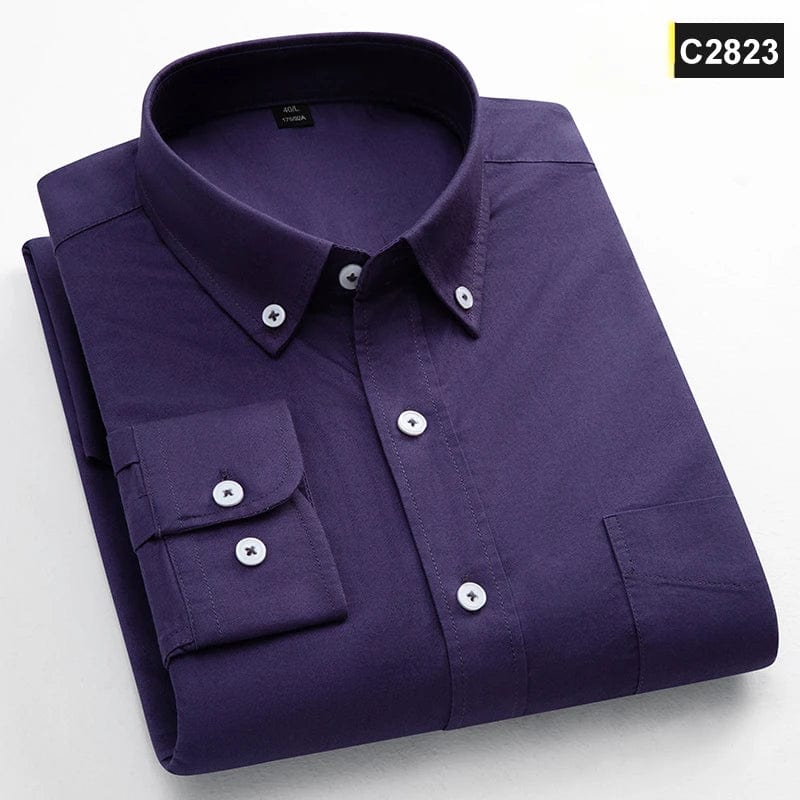 Men's slim fit Oxford cotton casual shirt with long sleeves, solid color, single pocket, ideal for office or casual wear.