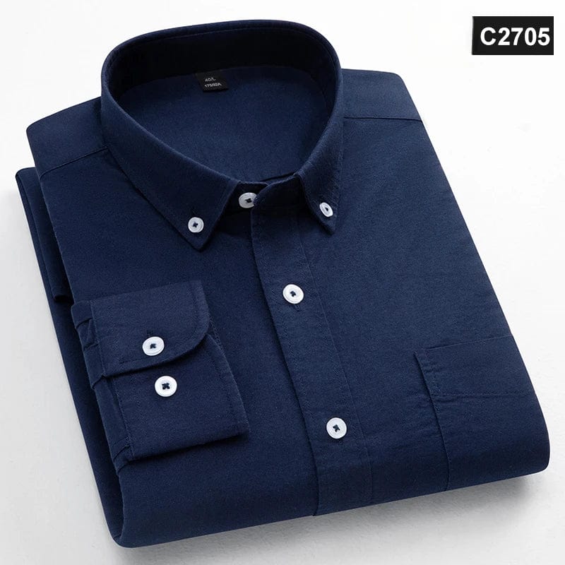 Showlu Fashion men's slim fit oxford cotton long-sleeve casual shirt with single pocket in solid color, ideal for office and casual wear.