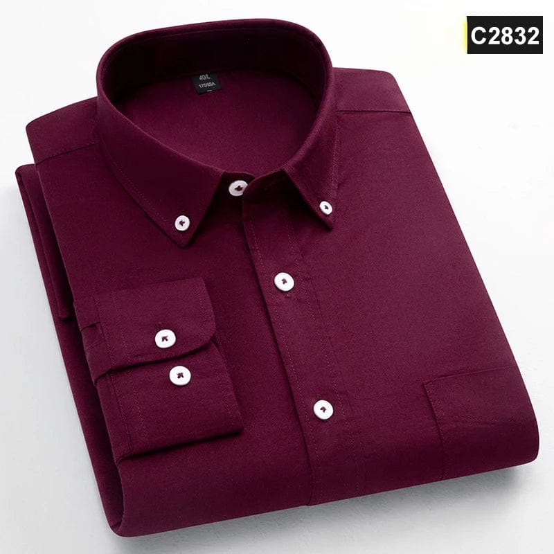 Men's slim fit oxford cotton casual shirt with long sleeves, solid color, single pocket, ideal for office and everyday wear.