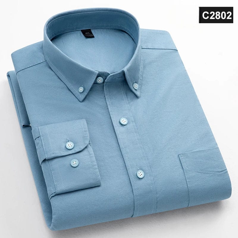 Men's slim fit Oxford cotton casual shirt with long sleeves, solid color, classic fit, and single chest pocket for office or everyday wear.