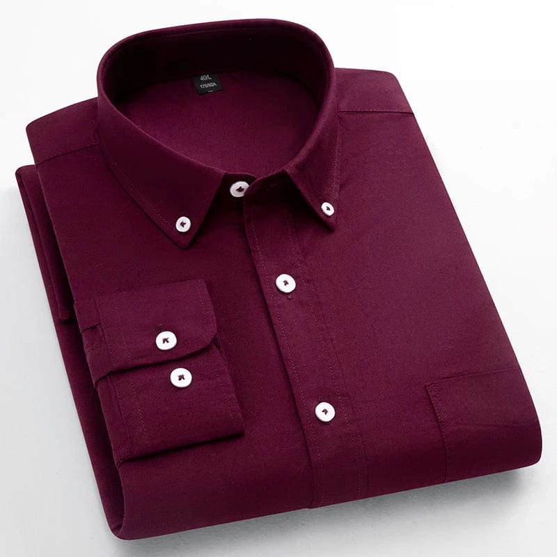 SHOWLU FASHION STORE men's slim fit Oxford cotton long-sleeve casual shirt with single pocket in solid color, ideal for office wear.